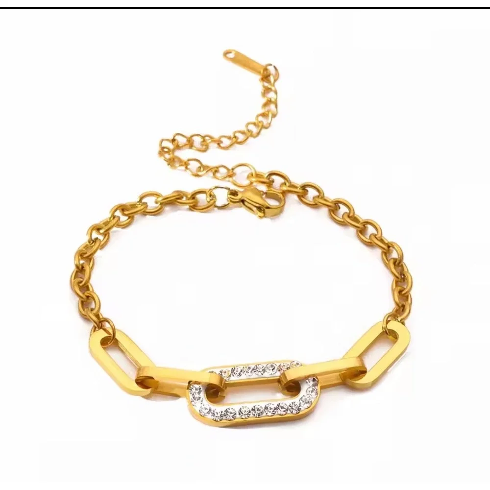 Gold Tone Pave Crystal Paperclip Link Chain Bracelet Adjustable Women Jewelry